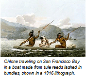 Ohlone traveling on San Francisco Bay in a boat made from tule reeds lashed in bundles (1916 lithograph)