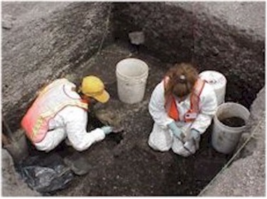 Two archaeologists sit crouched in an excavated hole. They are wearing white, with orange safety vests.