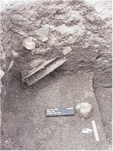 Close up photo of the Emeryville Shellmound excavation site. The wall of the site shows lumber and bricks embedded in the walls.