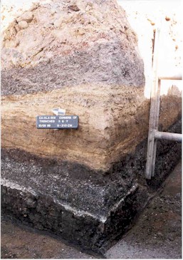 Layers of soil (strata) in the archaeological deposit
