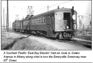 A Southern Pacific East Bay Electric train en route to Solano Avenue in Albany along what is now the Emeryville Greenway near 65th Street