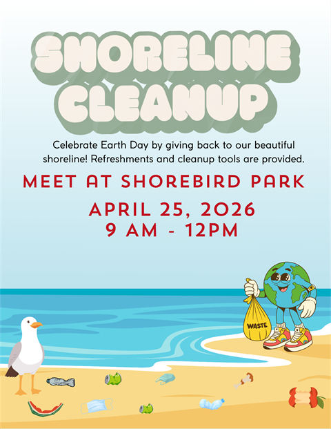 Flyer promoting the 2026 shoreline cleanup with graphics of seagulls and trash