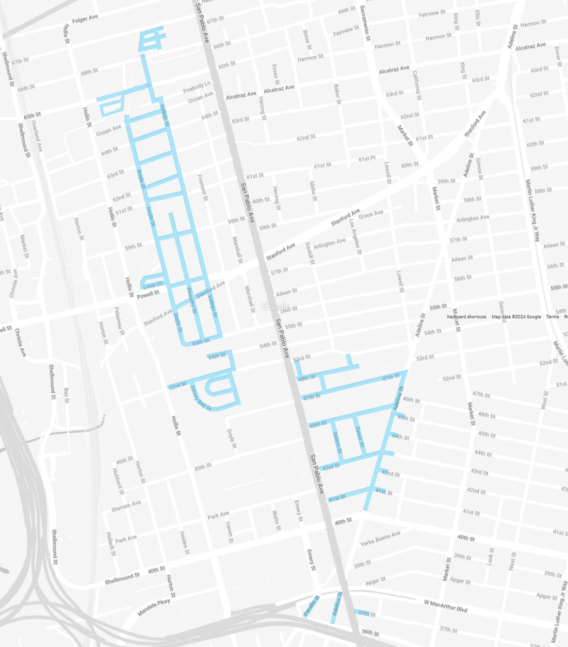 Gray map of Emeryville residential zones included in the Spring Bulky Clean-up with pickup routes marked by blue lines.